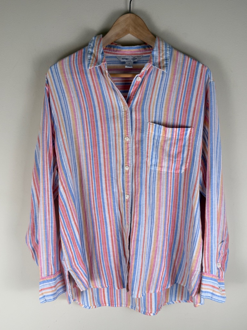 Old Navy Boyfriend Shirt Colorful Multi Striped Linen Blend Beach Women's Medium